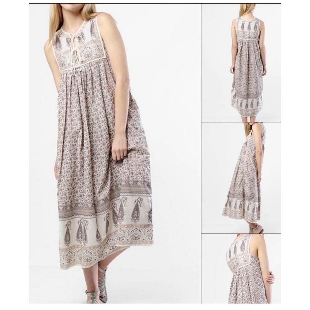 Boho Floral Paisley Lace Up Sleeveless Maxi‎ Dress Pink Cream Grey Mixed Print